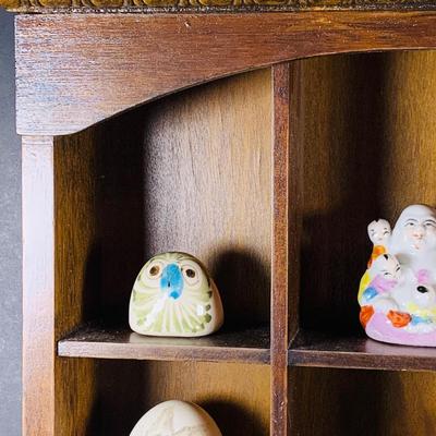 LOT:191: Wooden Display Case w/Asian Inspired Miniature Vases & Bottles and Painted Egg Shells and More
