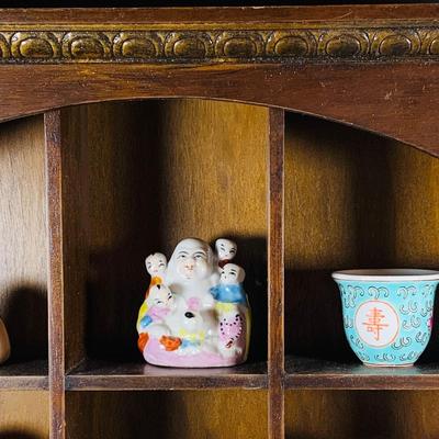 LOT:191: Wooden Display Case w/Asian Inspired Miniature Vases & Bottles and Painted Egg Shells and More