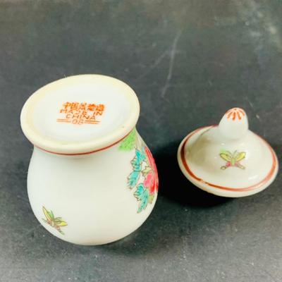 LOT:191: Wooden Display Case w/Asian Inspired Miniature Vases & Bottles and Painted Egg Shells and More