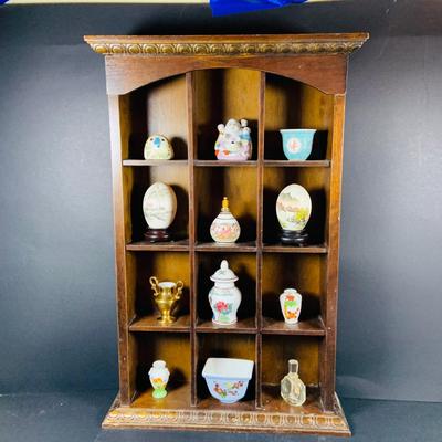 LOT:191: Wooden Display Case w/Asian Inspired Miniature Vases & Bottles and Painted Egg Shells and More