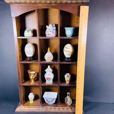LOT:191: Wooden Display Case w/Asian Inspired Miniature Vases & Bottles and Painted Egg Shells and More