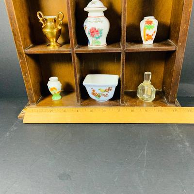 LOT:191: Wooden Display Case w/Asian Inspired Miniature Vases & Bottles and Painted Egg Shells and More
