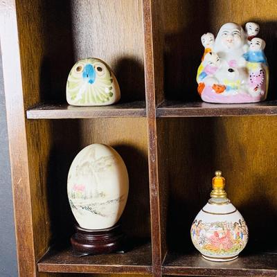 LOT:191: Wooden Display Case w/Asian Inspired Miniature Vases & Bottles and Painted Egg Shells and More