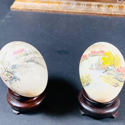LOT:191: Wooden Display Case w/Asian Inspired Miniature Vases & Bottles and Painted Egg Shells and More