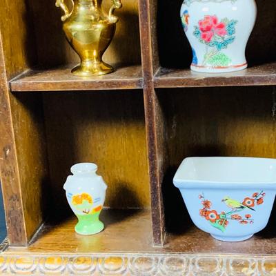LOT:191: Wooden Display Case w/Asian Inspired Miniature Vases & Bottles and Painted Egg Shells and More