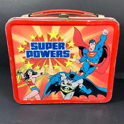 LOT:195: Aladdin "Super Powers" Metal Lunch Box with Superman, Batman and Wonder Woman - 1983