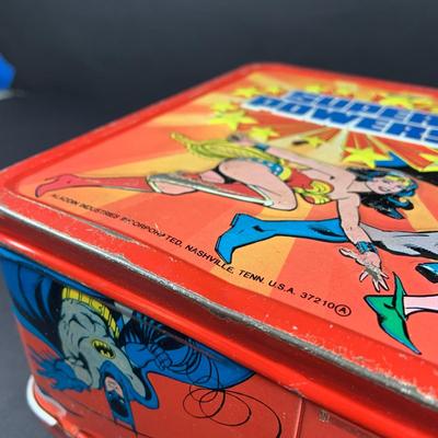LOT:195: Aladdin "Super Powers" Metal Lunch Box with Superman, Batman and Wonder Woman - 1983