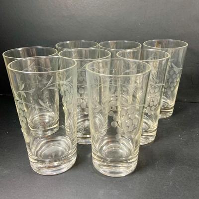 LOT:200: Set of (3) Wine Crates, (8) Etched Grape Glasses, (6) Serving Trays and Cheese Trays