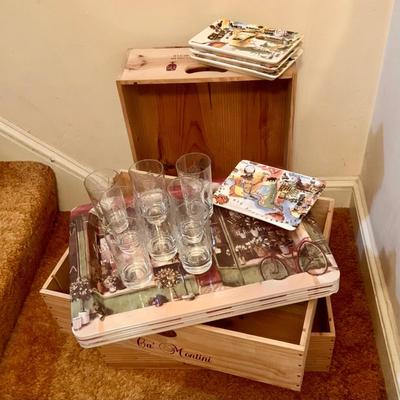 LOT:200: Set of (3) Wine Crates, (8) Etched Grape Glasses, (6) Serving Trays and Cheese Trays