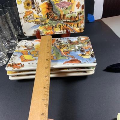 LOT:200: Set of (3) Wine Crates, (8) Etched Grape Glasses, (6) Serving Trays and Cheese Trays