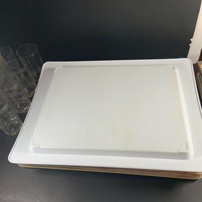 LOT:200: Set of (3) Wine Crates, (8) Etched Grape Glasses, (6) Serving Trays and Cheese Trays