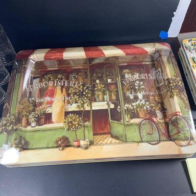 LOT:200: Set of (3) Wine Crates, (8) Etched Grape Glasses, (6) Serving Trays and Cheese Trays