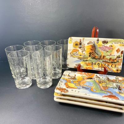 LOT:200: Set of (3) Wine Crates, (8) Etched Grape Glasses, (6) Serving Trays and Cheese Trays