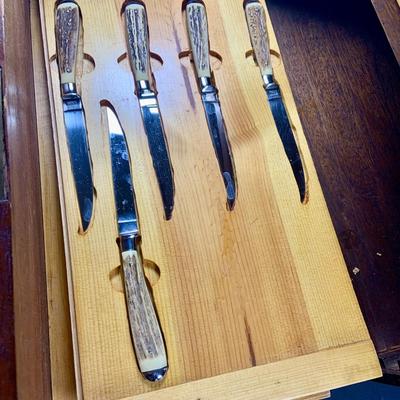 LOT:201: Wooden Chest Full of Hoffritz Cutlery Including Stag Handle Knives and More