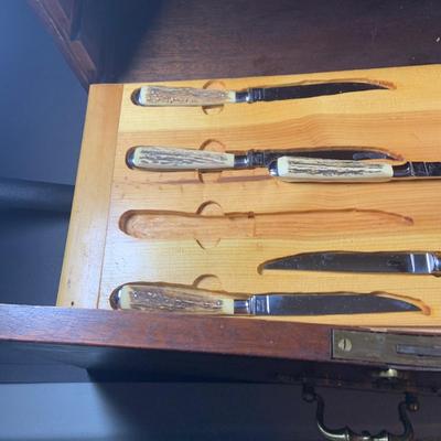 LOT:201: Wooden Chest Full of Hoffritz Cutlery Including Stag Handle Knives and More