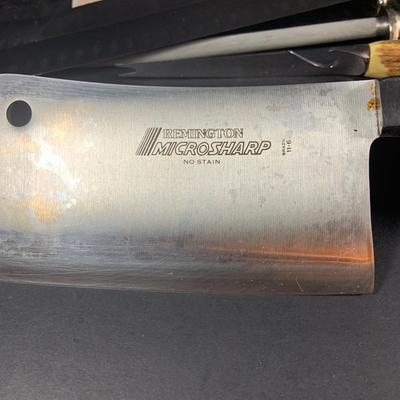 LOT:202: Assortment of Knives, Cleaver, and Carving Tools Featuring Connoisseur Slicer Knives, Remington Cleaver and More