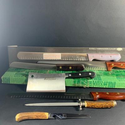 LOT:202: Assortment of Knives, Cleaver, and Carving Tools Featuring Connoisseur Slicer Knives, Remington Cleaver and More