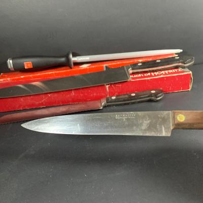 LOT:203: Collection of Knives and Cleavers and More Including Hoffritz Butcher's Knife and Cleaver and More