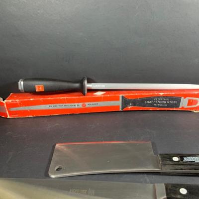 LOT:203: Collection of Knives and Cleavers and More Including Hoffritz Butcher's Knife and Cleaver and More