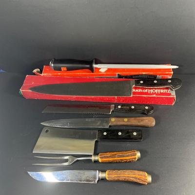 LOT:203: Collection of Knives and Cleavers and More Including Hoffritz Butcher's Knife and Cleaver and More