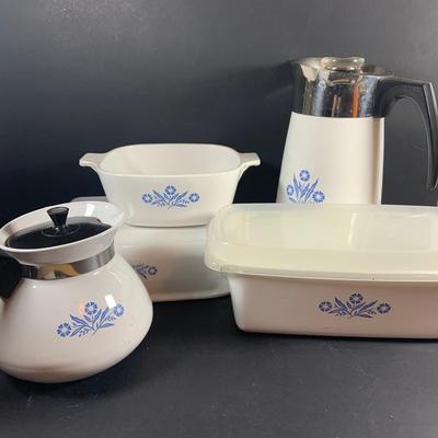 LOT:205: Corningware Blue Cornflower Baking Dishes and Coffee Pots