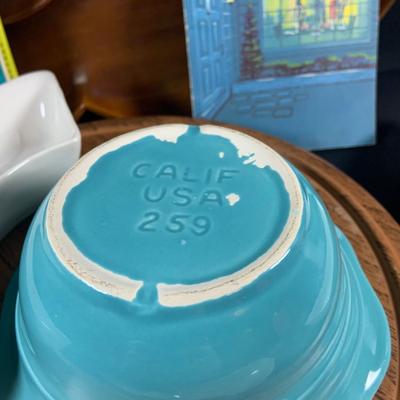 LOT:206: Vintage Entertaining Must Haves Including a Ceramic and Wood Lazy Susan Serving Dishes, Wooden Leaf Shaped Serving Dish,...