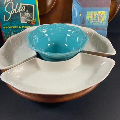 LOT:206: Vintage Entertaining Must Haves Including a Ceramic and Wood Lazy Susan Serving Dishes, Wooden Leaf Shaped Serving Dish,...