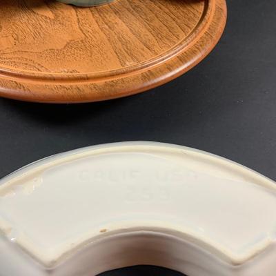 LOT:206: Vintage Entertaining Must Haves Including a Ceramic and Wood Lazy Susan Serving Dishes, Wooden Leaf Shaped Serving Dish,...