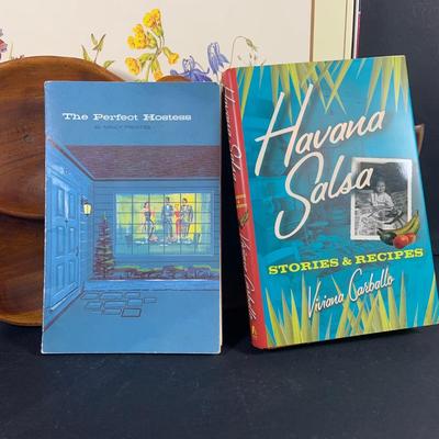 LOT:206: Vintage Entertaining Must Haves Including a Ceramic and Wood Lazy Susan Serving Dishes, Wooden Leaf Shaped Serving Dish,...