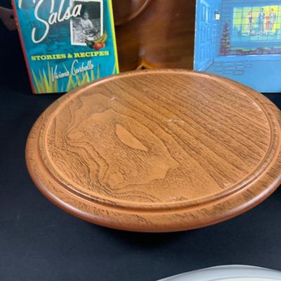 LOT:206: Vintage Entertaining Must Haves Including a Ceramic and Wood Lazy Susan Serving Dishes, Wooden Leaf Shaped Serving Dish,...