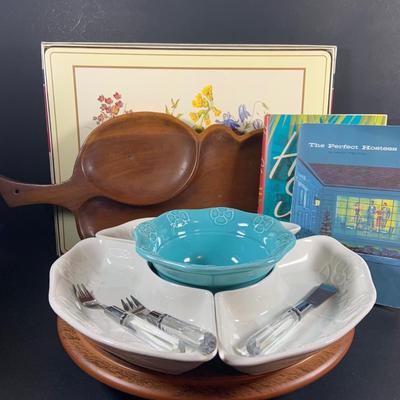 LOT:206: Vintage Entertaining Must Haves Including a Ceramic and Wood Lazy Susan Serving Dishes, Wooden Leaf Shaped Serving Dish,...