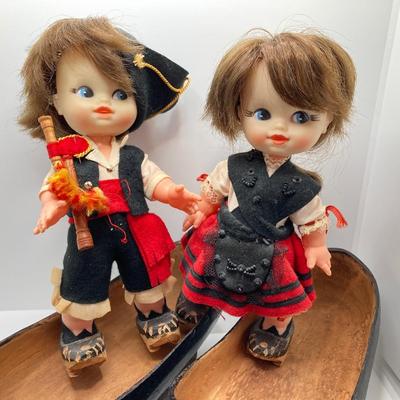 LOT 244: Vintage Wooden Shoe Folk Art Collection - Two Pair of Hand Crafted and Adorable Spanish Dolls