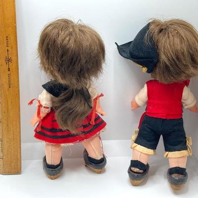 LOT 244: Vintage Wooden Shoe Folk Art Collection - Two Pair of Hand Crafted and Adorable Spanish Dolls