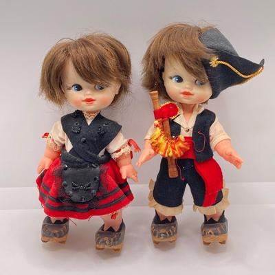 LOT 244: Vintage Wooden Shoe Folk Art Collection - Two Pair of Hand Crafted and Adorable Spanish Dolls
