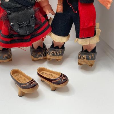 LOT 244: Vintage Wooden Shoe Folk Art Collection - Two Pair of Hand Crafted and Adorable Spanish Dolls