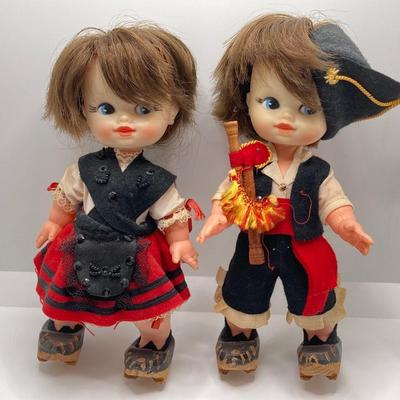 LOT 244: Vintage Wooden Shoe Folk Art Collection - Two Pair of Hand Crafted and Adorable Spanish Dolls