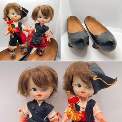 LOT 244: Vintage Wooden Shoe Folk Art Collection - Two Pair of Hand Crafted and Adorable Spanish Dolls