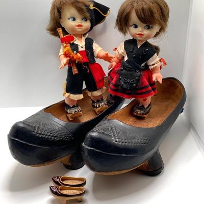 LOT 244: Vintage Wooden Shoe Folk Art Collection - Two Pair of Hand Crafted and Adorable Spanish Dolls