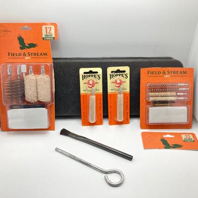 LOT 249: Three Leather Firearm Holders / Holsters, Doskocil Gun Case and Cleaning / Care Supplies (Outers Case) and More