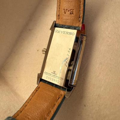 Jaeger-LeCoultre Reverso 18k White Gold Blue Crocodile Band Black Dial Face