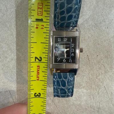 Jaeger-LeCoultre Reverso 18k White Gold Blue Crocodile Band Black Dial Face