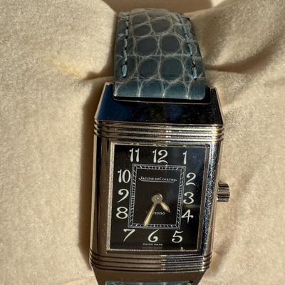 Jaeger-LeCoultre Reverso 18k White Gold Blue Crocodile Band Black Dial Face