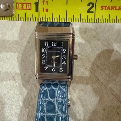 Jaeger-LeCoultre Reverso 18k White Gold Blue Crocodile Band Black Dial Face