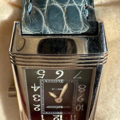 Jaeger-LeCoultre Reverso 18k White Gold Blue Crocodile Band Black Dial Face