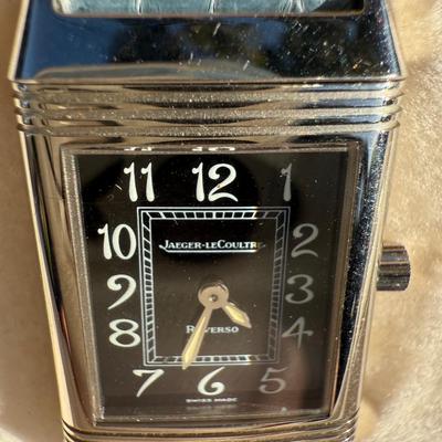 Jaeger-LeCoultre Reverso 18k White Gold Blue Crocodile Band Black Dial Face