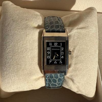 Jaeger-LeCoultre Reverso 18k White Gold Blue Crocodile Band Black Dial Face