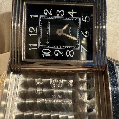 Jaeger-LeCoultre Reverso 18k White Gold Blue Crocodile Band Black Dial Face
