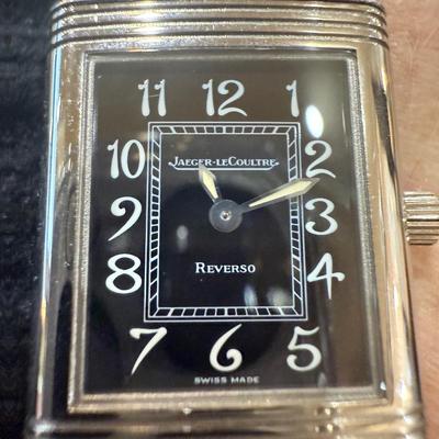 Jaeger-LeCoultre Reverso 18k White Gold Blue Crocodile Band Black Dial Face