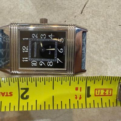 Jaeger-LeCoultre Reverso 18k White Gold Blue Crocodile Band Black Dial Face