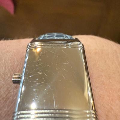 Jaeger-LeCoultre Reverso 18k White Gold Blue Crocodile Band Black Dial Face
